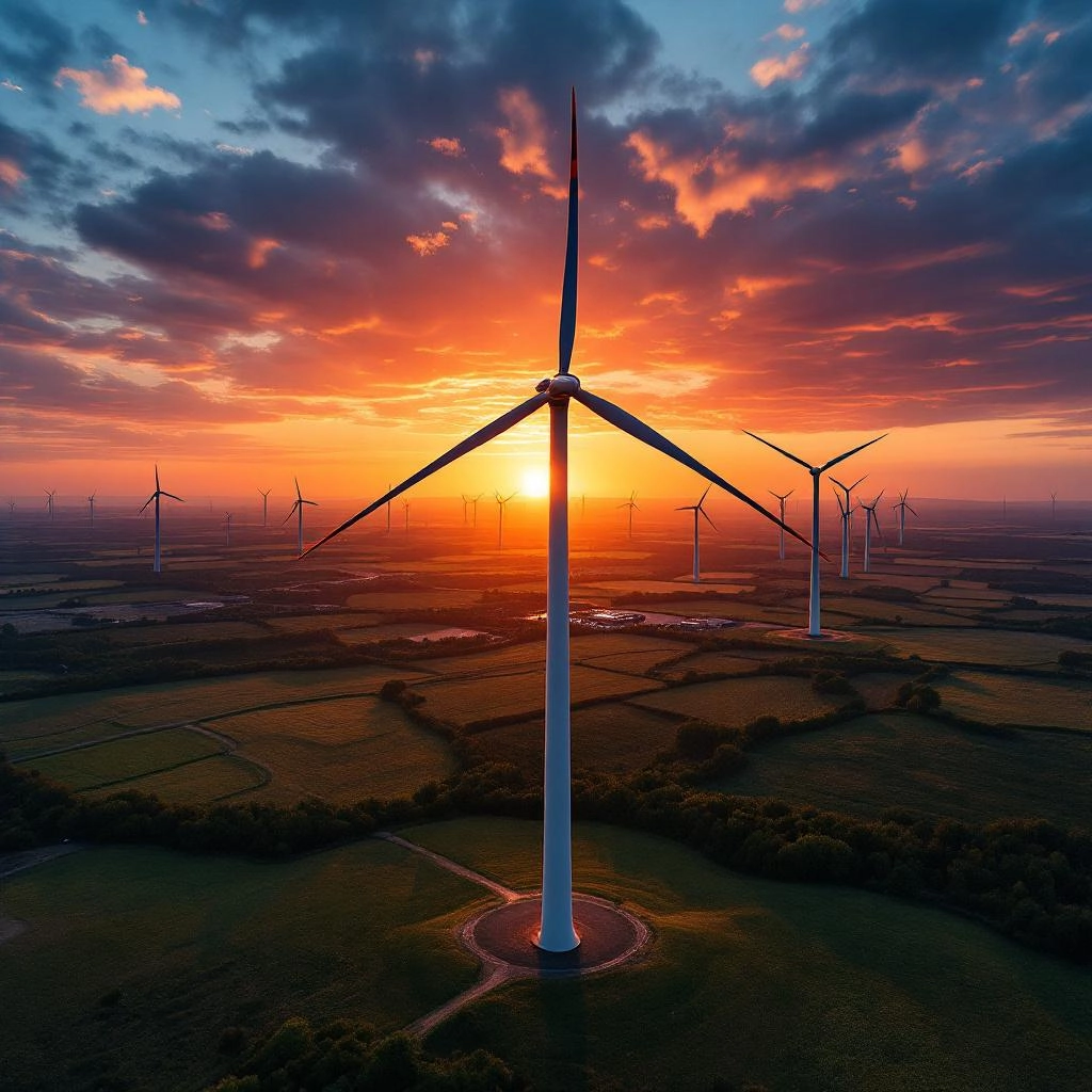 Renewable energy control center with smart grid visualization at golden hour