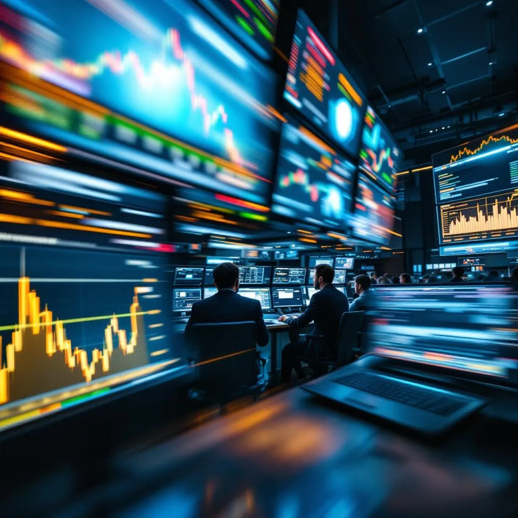 Executive trading floor with AI financial data visualization