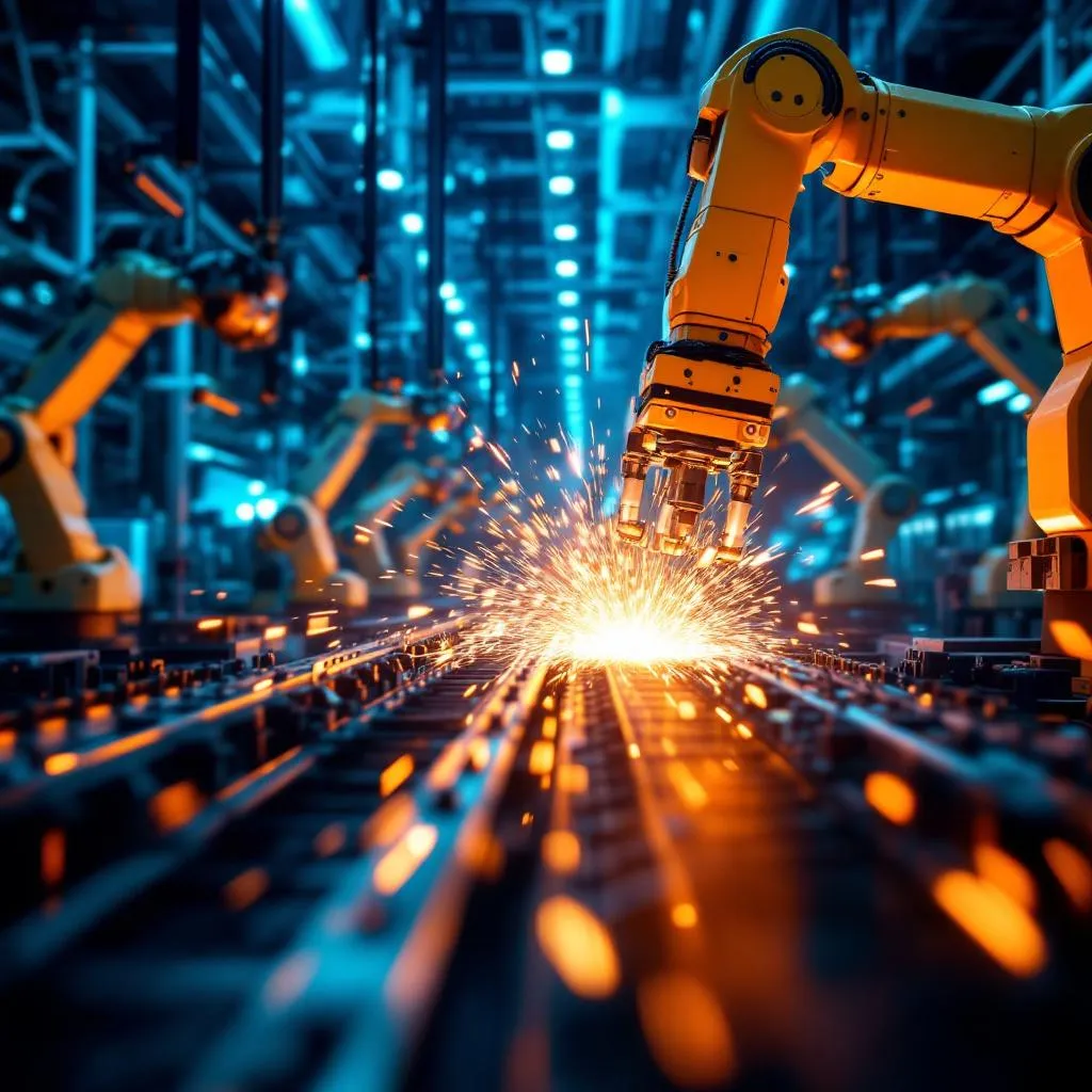 Smart factory with robotic arms and digital twin visualization