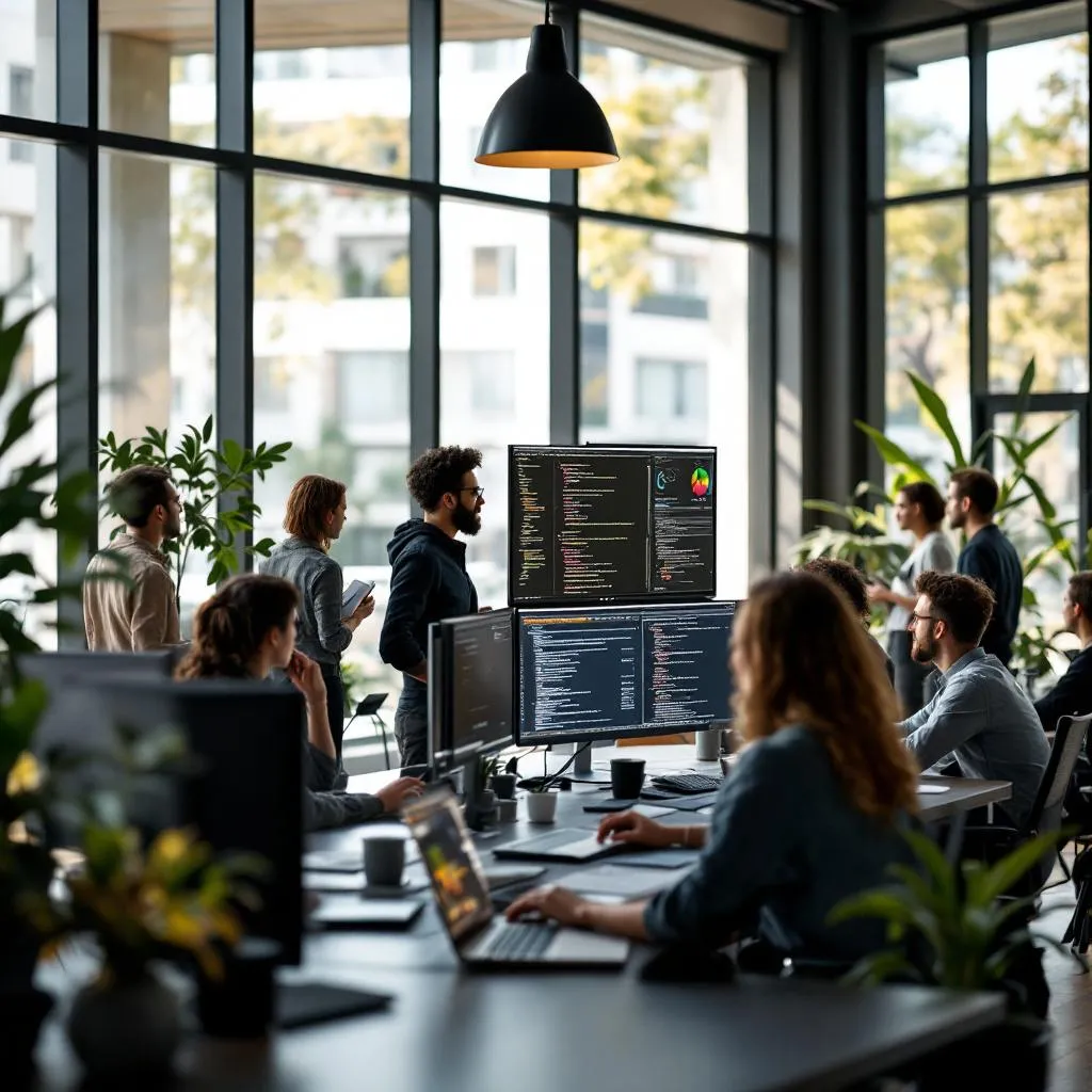 AI-powered technology operations center with holographic data visualization